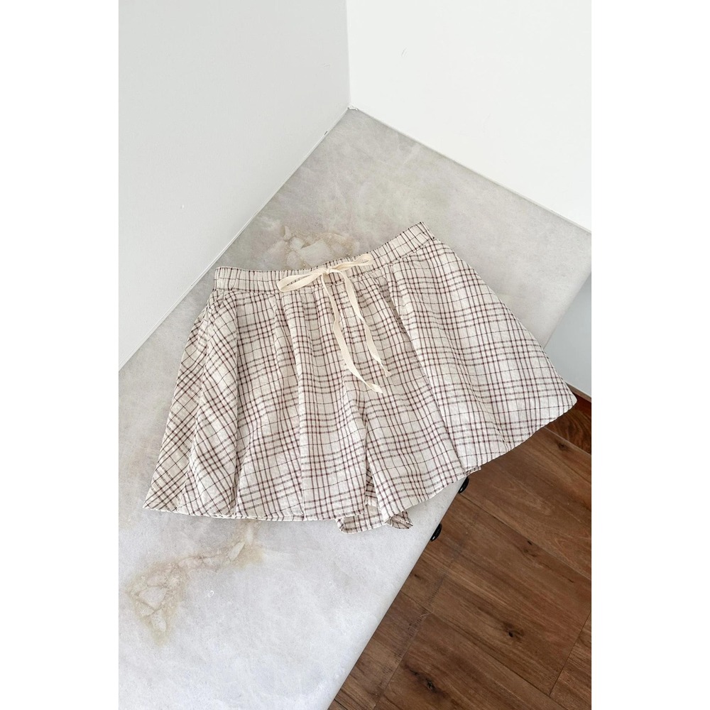 Neutral Ground Ruby Flowy Plaid Shorts Brown Elastic High Waist Cottagecore S